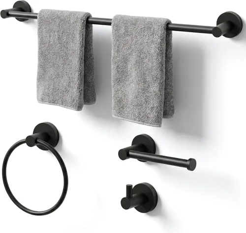 Miniatura 10 de Juego de toallas de baño de 24 pulgadas para montar en la pared, juego de 4 piezas de acero inoxidable duradero con toallero, anillo para toallas