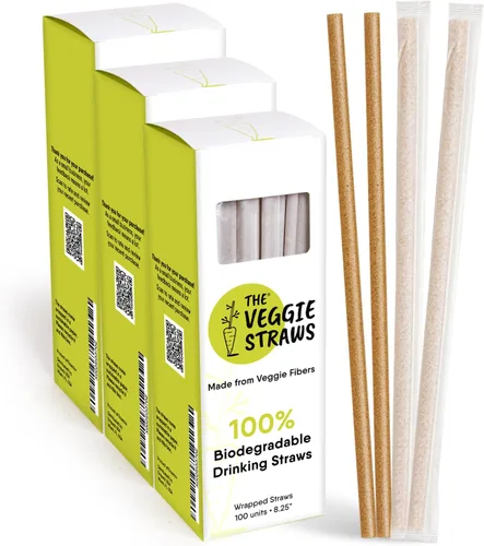 The Veggie Straws – 300 unidades de 8.25 pulgadas, pajitas biodegradables envueltas individualmente – Hechas de fibras vegetales, las mejores