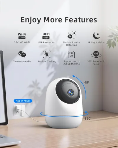 Miniatura 3 de Cámara de seguridad interior de 4MP 360° Pan Tilt 5G/2.4G WiFi 6, cámara enchufable para mascotas con altavoz para monitor de bebé de perro/gato
