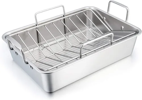 TeamFar Sartén para asar de acero inoxidable, sartén grande para lasaña de pavo de 16 pulgadas con estante en V y estante de enfriamiento para asar,