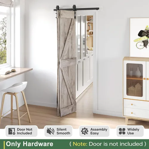 Miniatura 2 de Kit de riel de herrajes para puerta corrediza de granero plegable de 34 pulgadas, rodillo en forma de J negro montado en lateral, suave y Negro-J