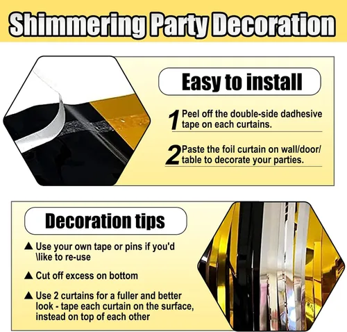 Miniatura 3 de Paquete de 6 cortinas de flecos de papel de aluminio negro dorado y plateado, 3.28 pies x 8.2 pies, cortinas metálicas de oropel para cabina