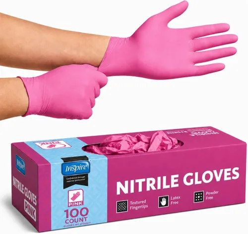 Inspire Guantes desechables sin látex | Guantes de nitrilo rosa para peluquería y uñas, guantes desechables de nitrilo esteticista