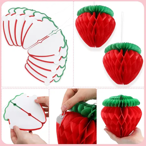 Miniatura 7 de Zonon 16 unidades de 6 pulgadas decoración de fiesta de fresas rojas bolas de panal de abeja de fresa roja, guirnalda de decoración colgante