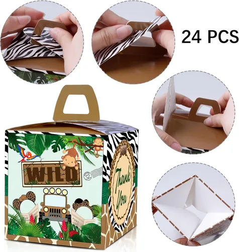 Miniatura 5 de 24 cajas de golosinas de regalo para fiesta de safari de ratón de la selva, animales de safari tropical, Let's Go Wild One cumpleaños, revelación