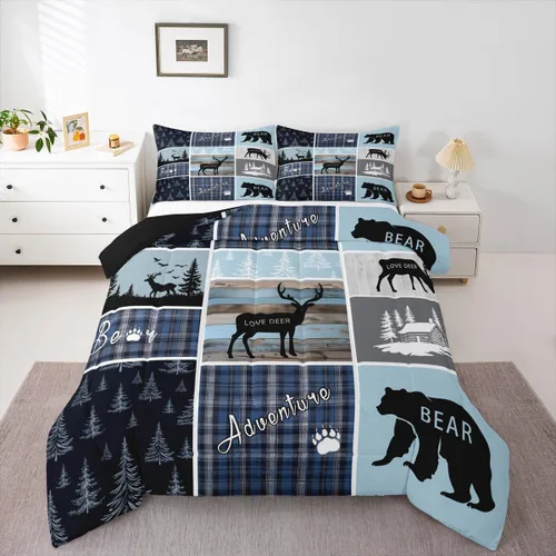 Miniatura 264 de Juego de edredón de oso y ciervo, tamaño individual, ropa de cama de animales salvajes de caza, colcha rústica de cabaña, casa de campo, cuadros