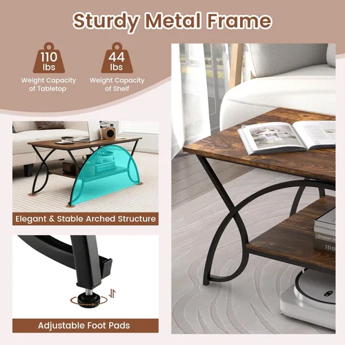 Miniatura 6 de Giantex Mesa auxiliar rectangular de 2 niveles, mesa de grano de madera con estante de almacenamiento abierto, marco de metal acabado negro, mesa