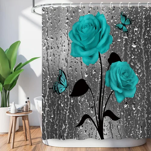 Miniatura 16 de LIVILAN Cortina de ducha con flores rosas y grises, cortinas de ducha florales de acuarela con ganchos, tela blanca y gris, decoración de baño