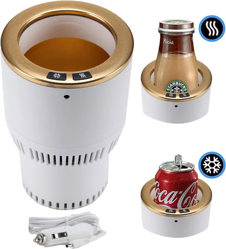 Miniatura 2 de Portavasos para automóvil con enfriador de bebidas, calentador inteligente de tazas, soporte para vasos 2 en 1 para automóvil (blanco con dorado)