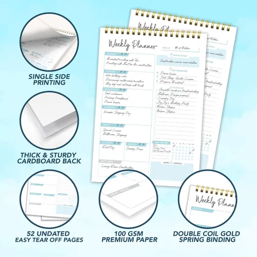 Miniatura 4 de Decorably Bloc de notas de 52 hojas de planificador semanal azul sin fecha, 6.5 x 10 pulgadas, diseño fácil de arrancar, con enfoque, prioridades