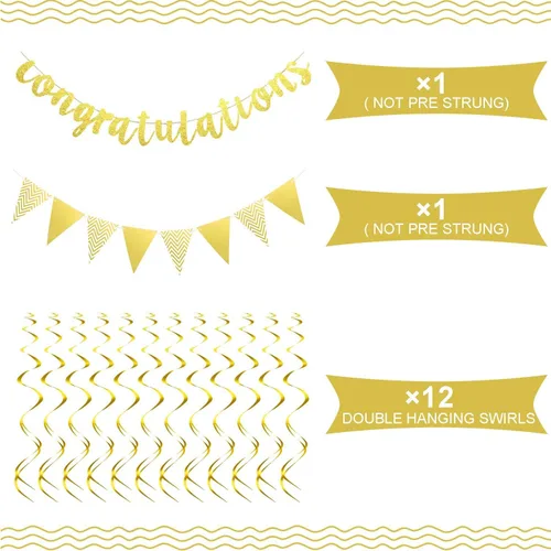 Miniatura 2 de Outus Pancarta de felicitaciones con purpurina preencordada con 12 espirales colgantes para bodas, jubilaciones, graduaciones, aniversarios, Dorado
