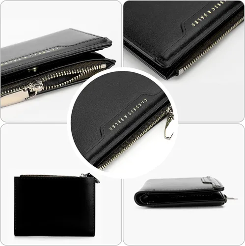 Miniatura 3 de Billeteras delgadas y pequeñas de cuero con bolsillo, tarjetero, plegable, triple, monedero para mujer con cremallera (negro)