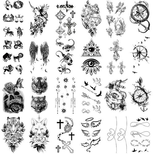 Miniatura 2 de 36 hojas de tatuajes temporales para hombres, mujeres y adultos, 12 hojas de gran tamaño, 3D, media manga, tatuajes falsos negros, tatuajes