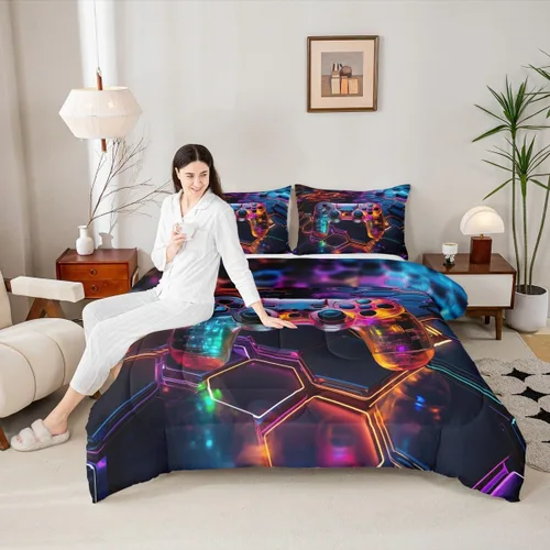 Miniatura 16 de Manfei Juego de edredón moderno de 2 piezas con estampado de consola de videojuegos de panal azul con 1 funda de almohada, juego de ropa de cama