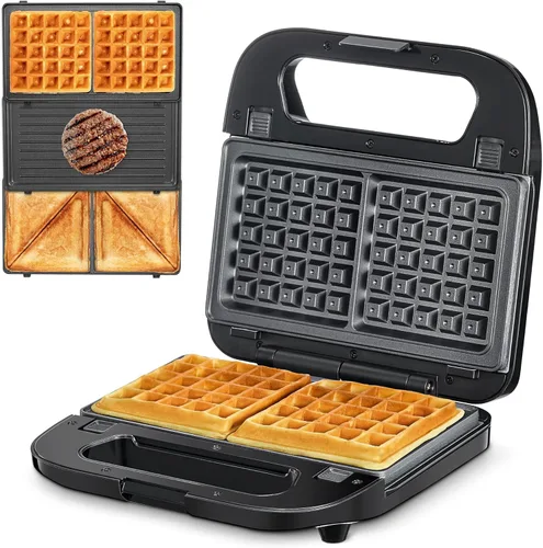 Reemix Máquina 3 en 1 para Waffles, Parrilla y Sándwiches, Prensa Panini y Plancha para Waffles con Placas Antiadherentes Removibles, Perfecta para