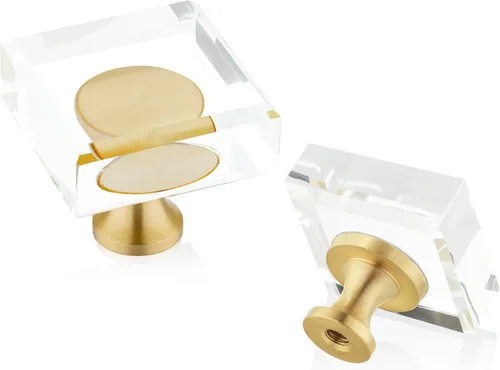 Miniatura 12 de QOGRISUN Paquete de 2 pomos de gabinete de cristal de latón, pomos de cajón dorados de cristal de cristal, polígono de 1-1/4 pulgadas, tiradores