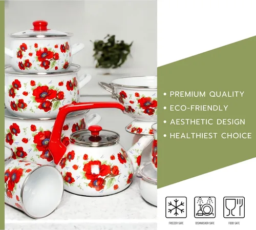 Miniatura 7 de Olla de aluminio esmaltado amapolas vientre cazuela profunda olla de cocina con tapa de vidrio Utensilios de cocina Olla de sopa (2.1 L)
