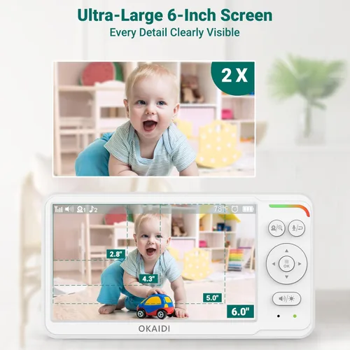 Miniatura 2 de OKAIDI Monitor de bebé con cámara y audio, pantalla IPS de 6 pulgadas con batería de 30 horas, rango de 1000 pies, visión nocturna, monitor de bebé
