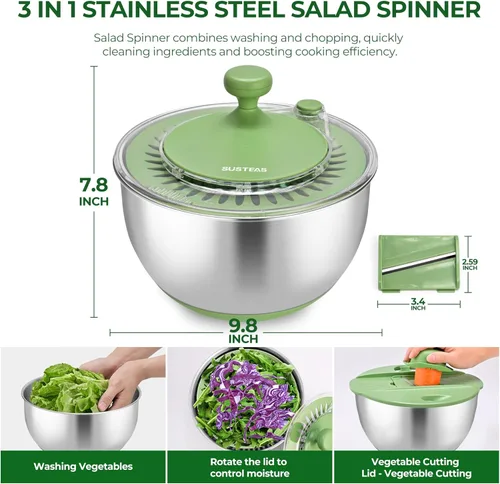 Miniatura 2 de SUSTEAS Centrifugador de Ensalada de Acero Inoxidable Grande, Tazón de Lavado de Verduras, Secador de Frutas y Hierbas con Cortador de 5 Cuchillas