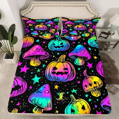 Miniatura 7 de Erosebridal Sábanas de calabaza de Halloween para niños, diseño de calabazas arcoíris, tamaño individual, para niños y niñas, juego de ropa de cama