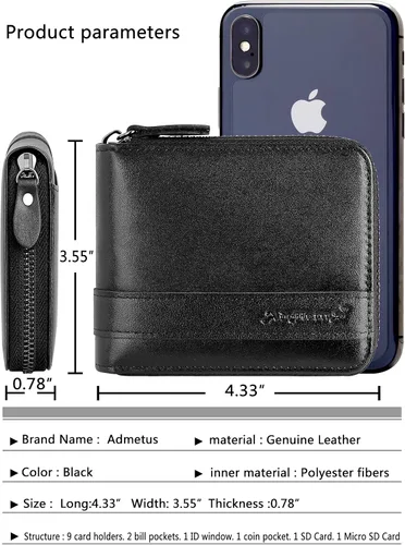 Miniatura 12 de Admetus - Cartera de piel auténtica para hombre con cremallera, plegable