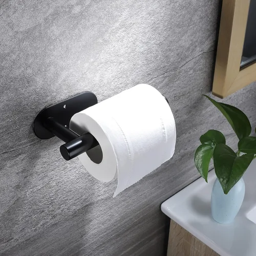 Miniatura 2 de YIGII Soporte de papel higiénico adhesivo – Soporte autoadhesivo para papel higiénico negro, soporte de pared para baño y cocina, acero inoxidable