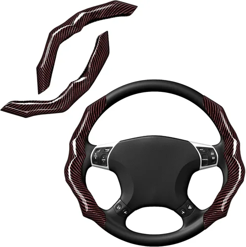 Miniatura 14 de Funda de volante de fibra de carbono con forro antideslizante y diseño segmentado, 2 unidades, protector universal para volante para hombres