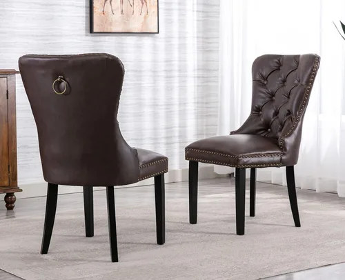 Miniatura 15 de Shunzhi Juego de 2 sillas de comedor de cuero beige, modernas de mediados de siglo, sillas de cocina tapizadas con capitoné, sillas auxiliares
