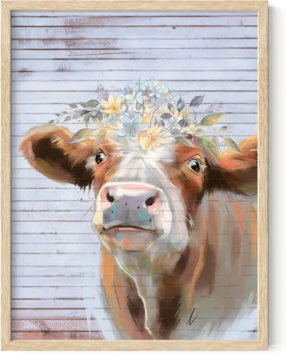 Miniatura 18 de HAUS AND HUES Arte de pared de vaca rústica, estampado de animales de granja con flores (sin marco, 12 x 16)