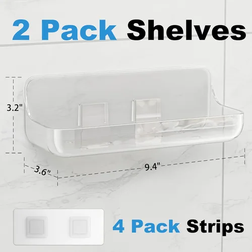 Miniatura 2 de Organizador adhesivo para ducha, paquete de 2 estantes acrílicos para baño, sin taladro, organizador de montaje en pared, estante de almacenamiento