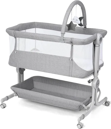 Miniatura 3 de Cowiewie - Cuna para bebé junto a la cama con cesta de almacenamiento, ruedas y juguetes colgantes, cuna portátil plegable fácil con ruedas, cunas