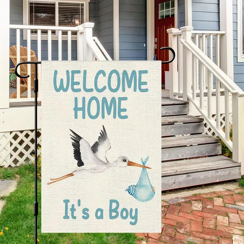 Miniatura 3 de DLZDN Bandera de jardín de bienvenida a casa para bebé, baby shower, bandera de jardín de 12 x 18 pulgadas, bandera de arpillera de doble cara