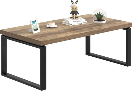 Miniatura 8 de EXCEFUR - Mesa de café, mesa moderna de madera y metal para sala de estar, mesa central industrial rectangular para oficina en casa, roble rústico
