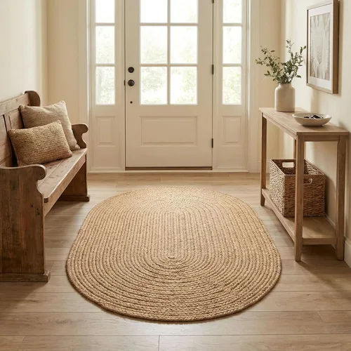 Super Area Rugs Alfombra trenzada beige para cocina de campo, alfombra trenzada duradera para entrada/vestíbulo, ovalada, 3 x 5 pies
