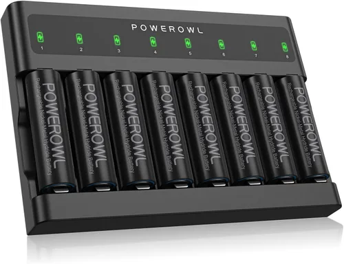 POWEROWL Baterías AA recargables de 2800 mAh con cargador de batería de 8 bahías, baterías Ni-MH doble A de baja autodescarga, 8 unidades