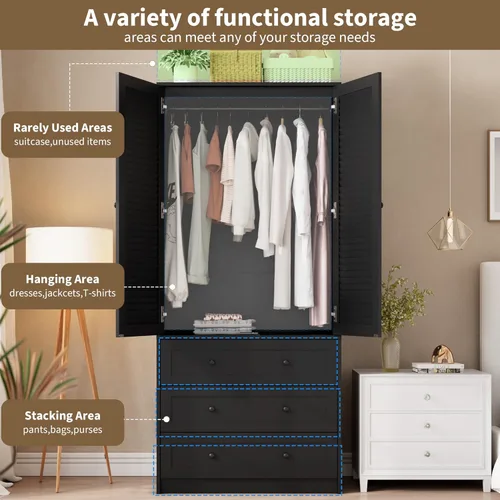 Miniatura 4 de GarveeHome Armario para guardar ropa con cajones, armario de madera de 69.5 pulgadas con barra para colgar, armario de almacenamiento para ropa