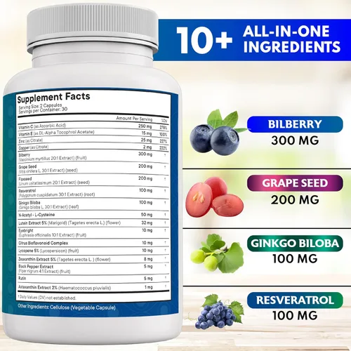 Miniatura 3 de NEW AGE Vitaminas para la salud ocular con arándano, luteína y zeaxantina, licopeno, resveratrol, extracto de semilla de uva, astaxantina, vitamina