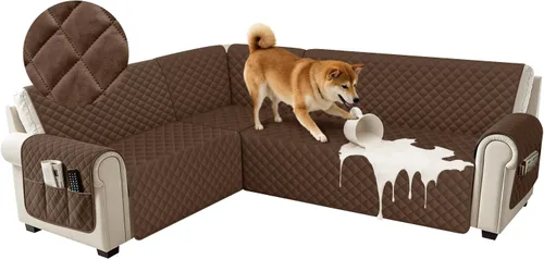 Miniatura 27 de Fundas impermeables para sofá seccional de esquina en forma de L, de terciopelo, juego de 6 piezas, funda en forma de U para sofá, para perros