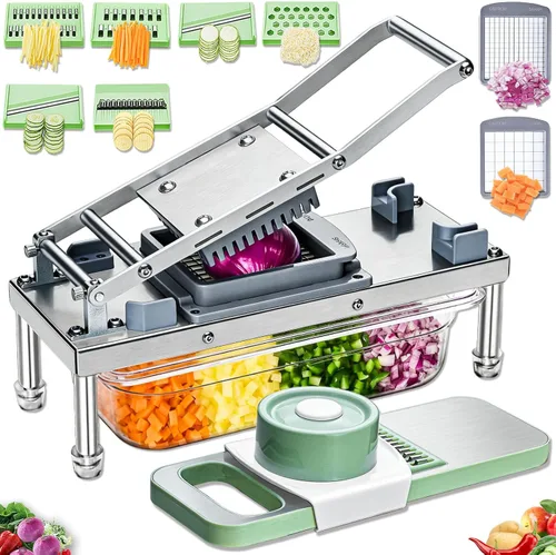 Picador de verduras de acero inoxidable, picador de verduras con 8 cuchillas, cortador de cebolla con contenedor, cortador de alimentos y rallador