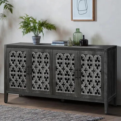 Miniatura 6 de Aparador de buffet Credenzas para sala de estar, mesa de entrada de 60 pulgadas con gabinete de almacenamiento, puertas huecas talladas, negro Azul