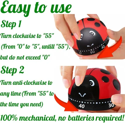 Miniatura 2 de Temporizador mecánico con forma de mariquita con cuerda de 60 minutos, temporizador giratorio manual de cuenta regresiva para horno, cocina, baño