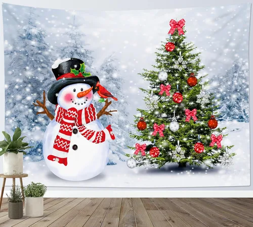 Miniatura 15 de HVEST Tapiz navideño de invierno para colgar en la pared, muñeco de nieve divertido con sombrero azul y tapices de regalo de Navidad, tapiz de pino