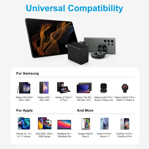 Miniatura 5 de Cargador USB C súper rápido, cargador tipo C bloque de carga rápida con cable tipo C a C de 6 pies para Galaxy S25 Negro