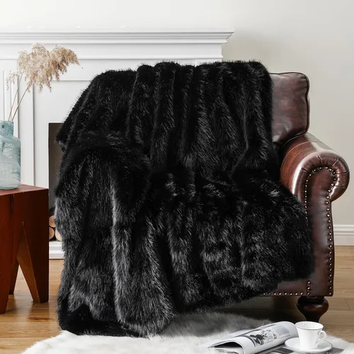 Miniatura 8 de BATTILO HOME Manta de Tiro de Piel Sintética Negra Mullida y Lujosa, Manta Negra para Sofá, Sillón, Silla, Cama, Mantas de Piel Mullida, Suave