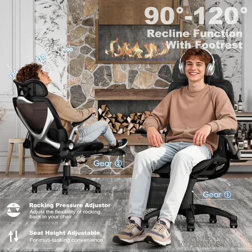 Miniatura 7 de ELABEST X100 Silla de oficina ergonómica de malla con reposapiés, silla de escritorio grande y alta con brazos abatibles 5D, soporte lumbar 3D
