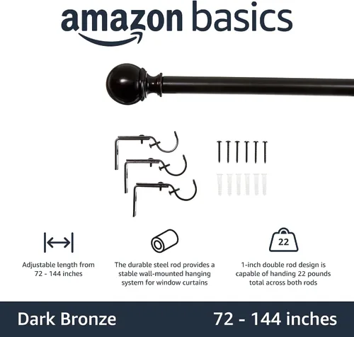 Miniatura 2 de Amazon Basics - Barras ajustables para cortinas para ventanas, con remates redondos, barra de 1 pulgada, de 36" a 72", color negro, paquete de 1
