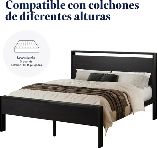 Miniatura 7 de Allewie Base de cama de plataforma tamaño Queen con cabecera y estribo de madera, soporte de 12 listones de metal resistente, no necesita somier