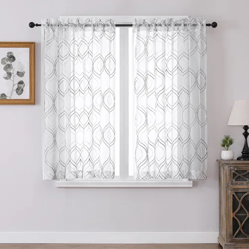 Miniatura 10 de VISIONTEX Cortinas traslúcidas blancas de 63 pulgadas de largo, juego de 2 paneles de bordado marroquí con puntos beige, tela de gasa bordada