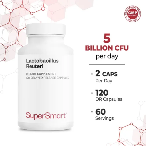 Miniatura 4 de Supersmart - Lactobacillus Reuteri 5 mil millones de UFC al día - Suplemento probiótico Sin OMG y libre de gluten - 120 cápsulas DR