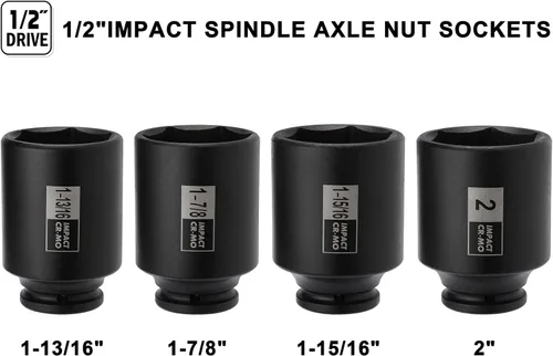 Miniatura 2 de Mayouko Juego de 4 llaves de vaso de impacto para tuerca de eje de husillo de 1/2", 1-13/16, 1-7/8, 1-15/16, 2 pulgadas, CR-MO, profundo, 6 puntos